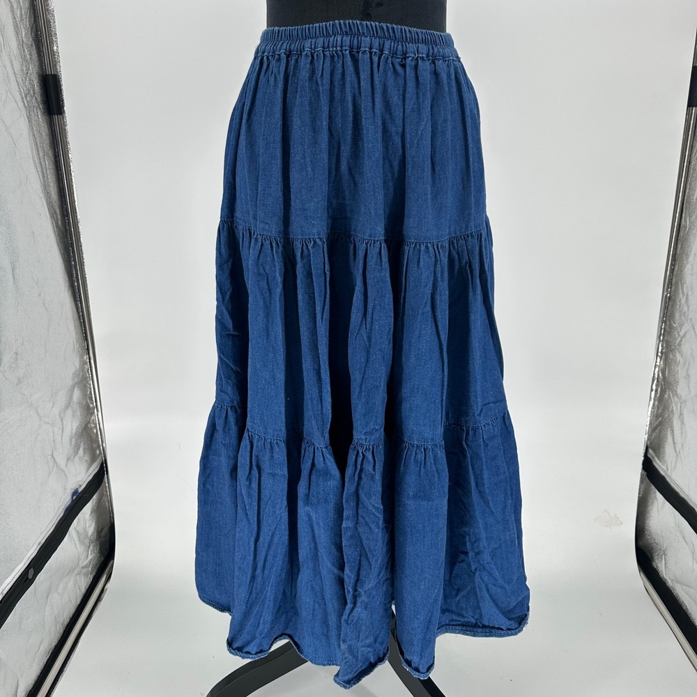 VTG Cactus Flower Blue Denim Tiered Maxi Skirt USA Cowgirl Western Boho One Size